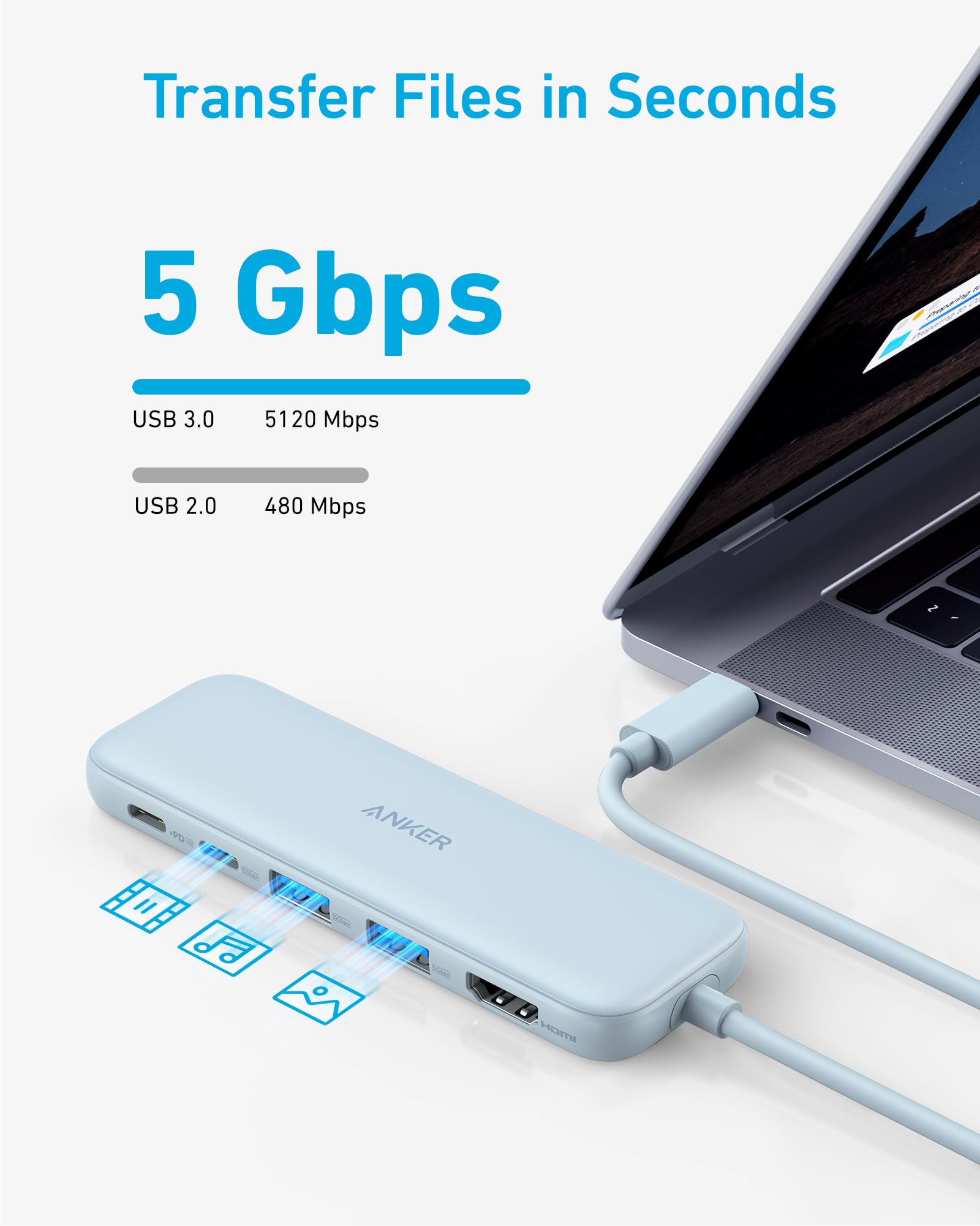 Anker hub conectado a un portátil en escritorio para productividad móvil