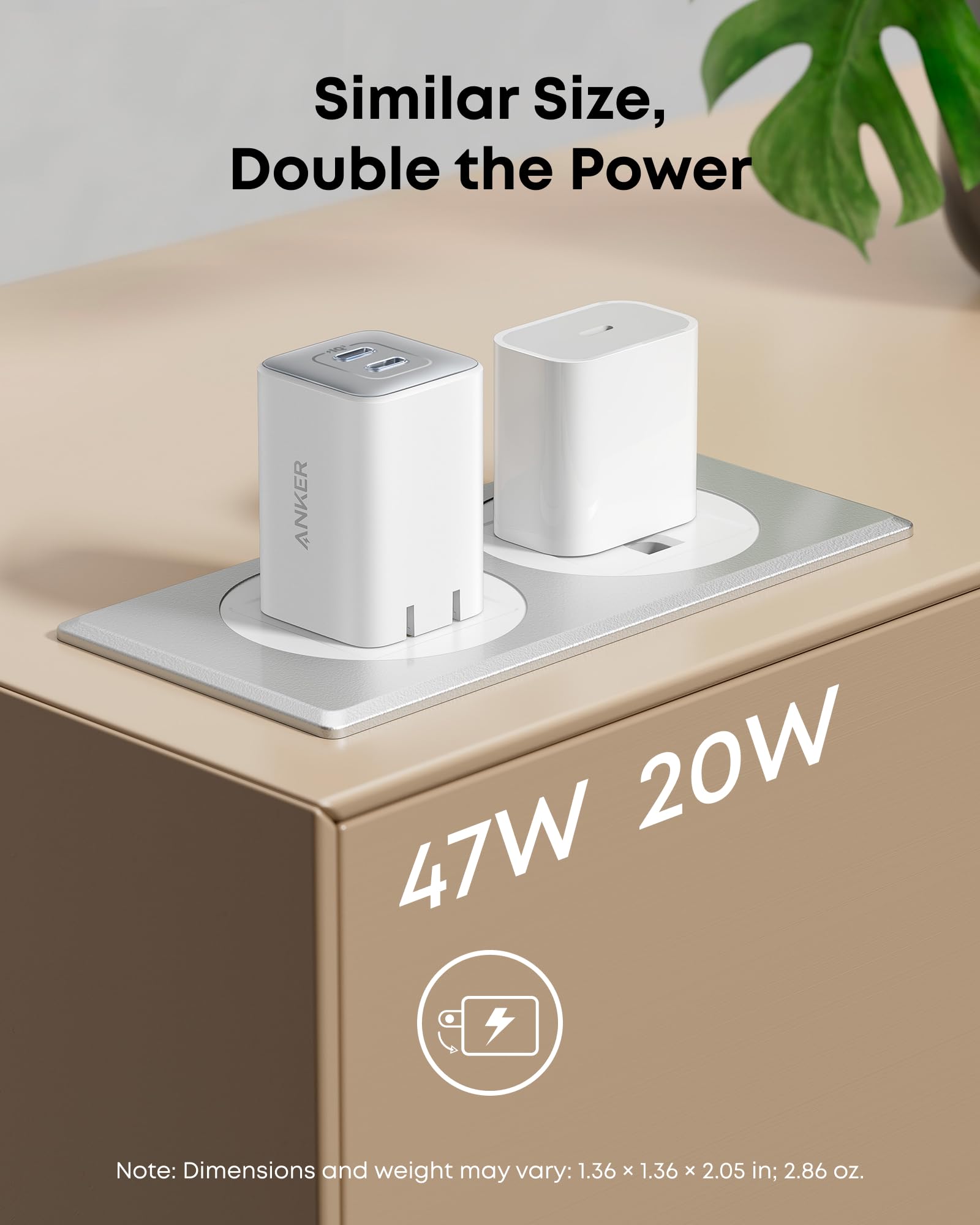 Anker Nano 523 comparación de tamaño con cargador 20W, ideal para viajar