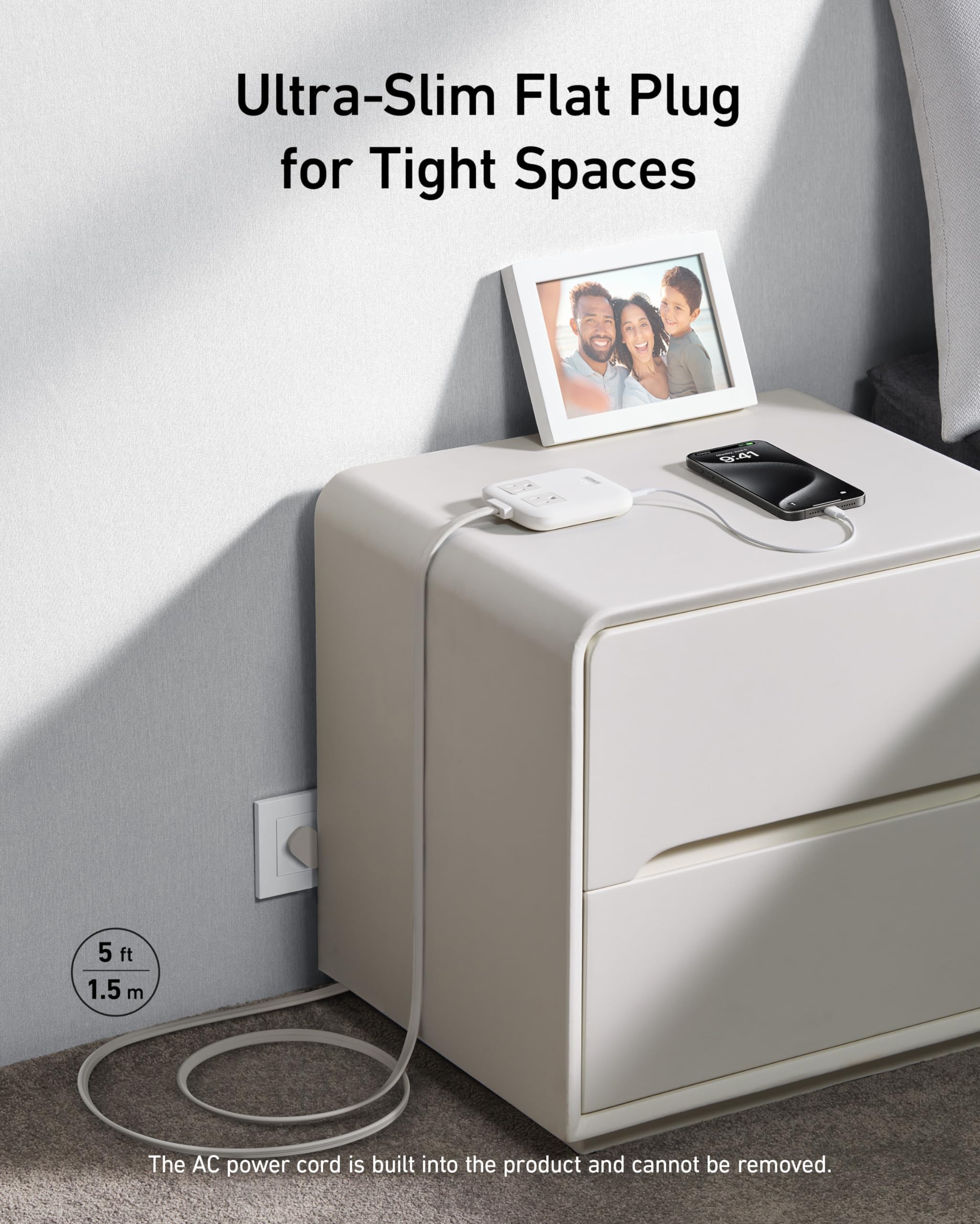 Anker Nano 67W primer plano de tomas AC y puertos USB para organización