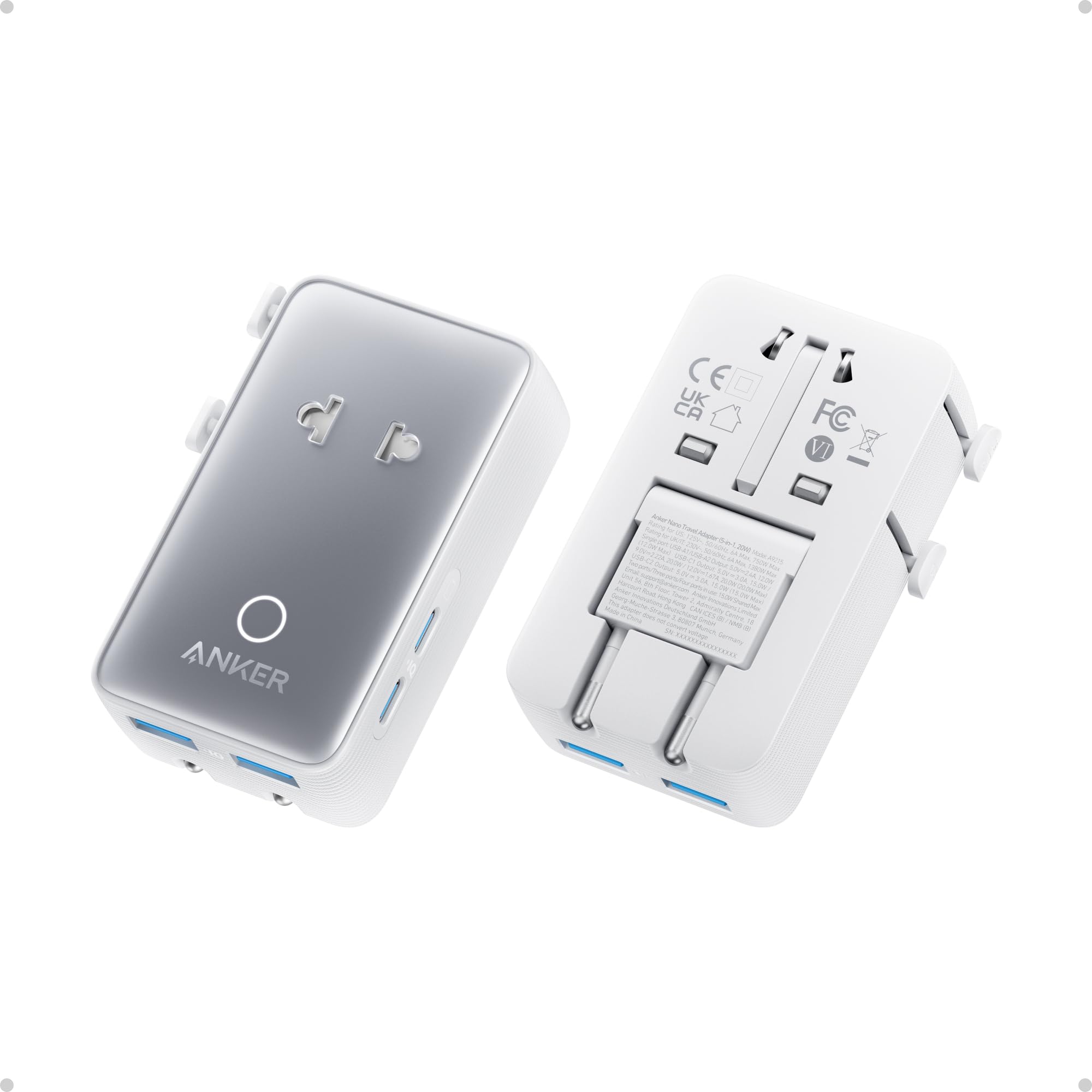Anker adaptador frontal mostrando puerto AC y puertos USB, ahorro de espacio
