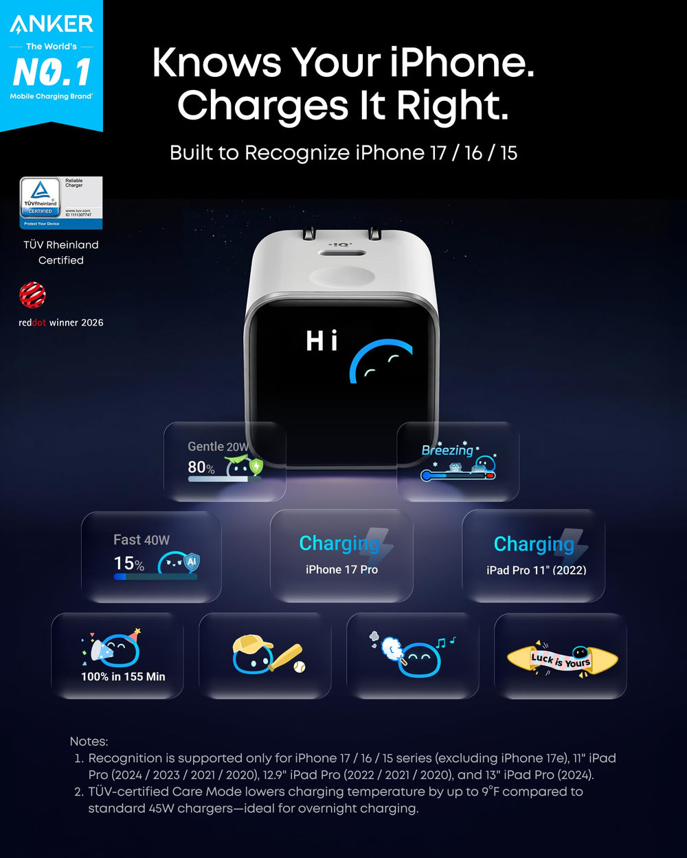 Anker Nano pantalla inteligente indicando estado de carga y control rápido