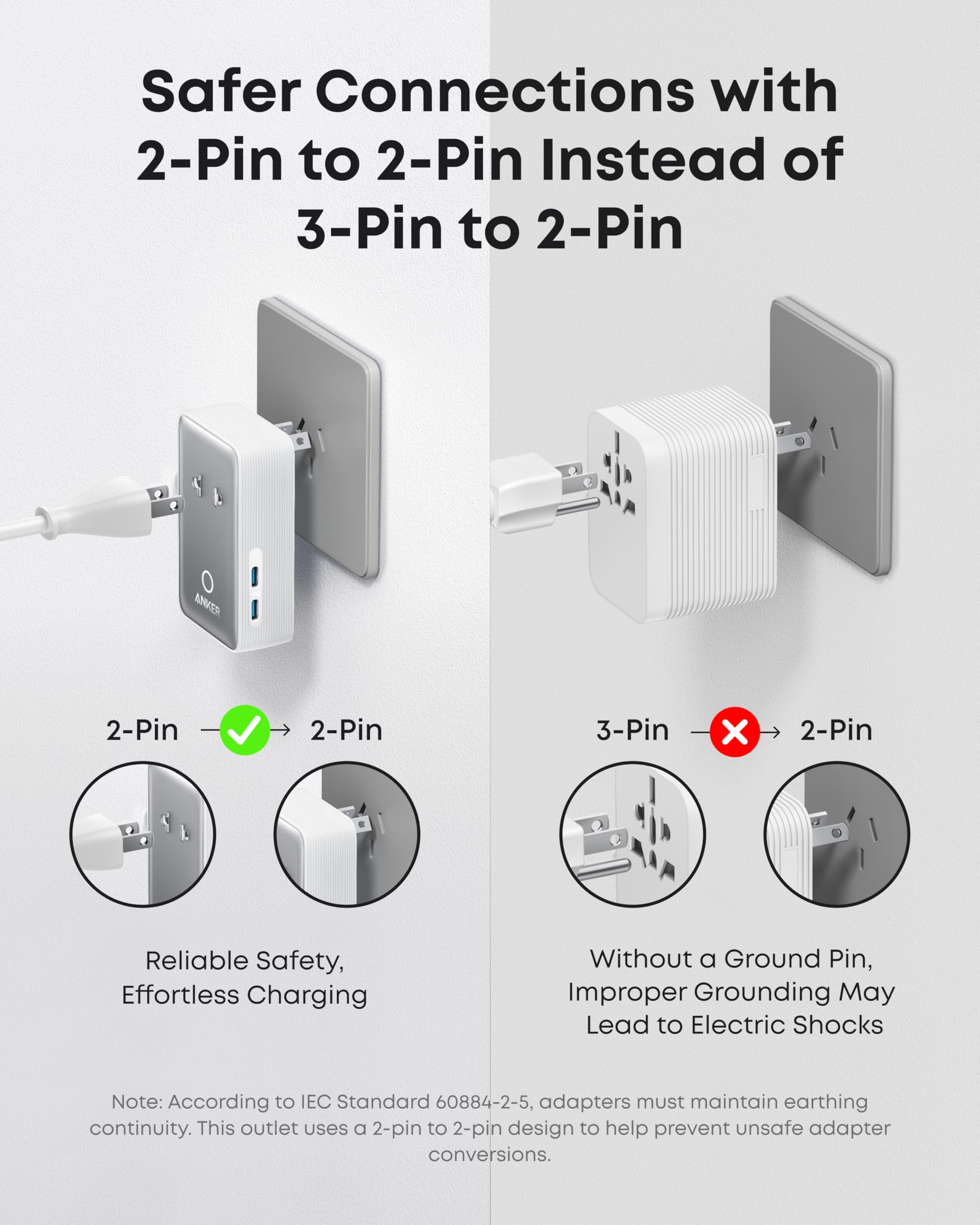 Anker primeros planos de puertos USB-C y USB-A, organización de carga múltiple