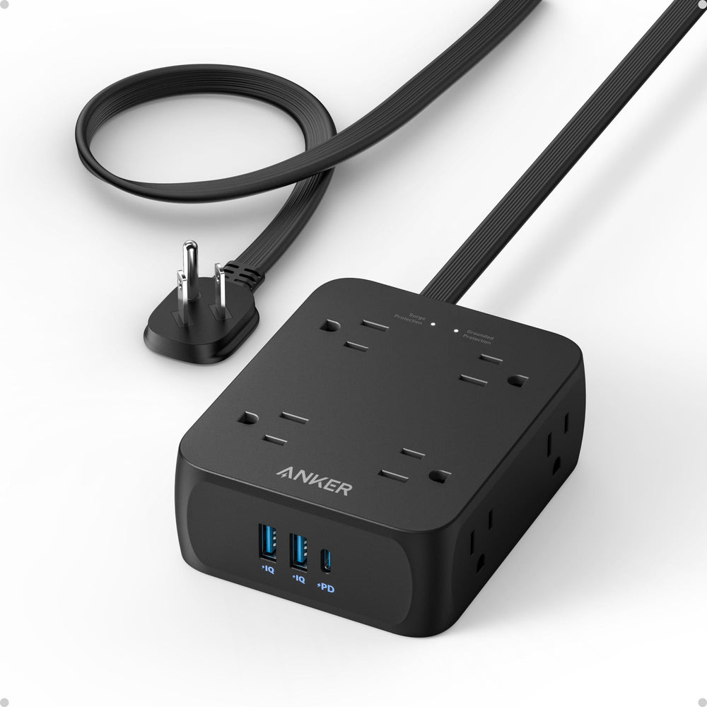 Anker power strip front view showing outlets and tidy layout for organized power