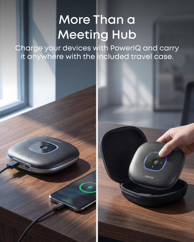 Anker PowerConf al lado de un portátil para comparar tamaño, portátil y fácil transporte