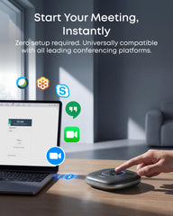 Anker PowerConf en uso sobre escritorio junto a portátil, optimiza reuniones remotas