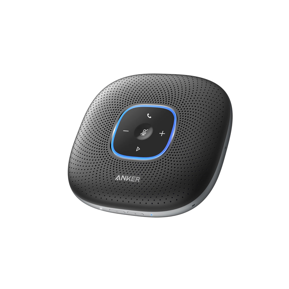 Anker PowerConf vista frontal mostrando altavoz y micrófonos, mejora la claridad de llamadas