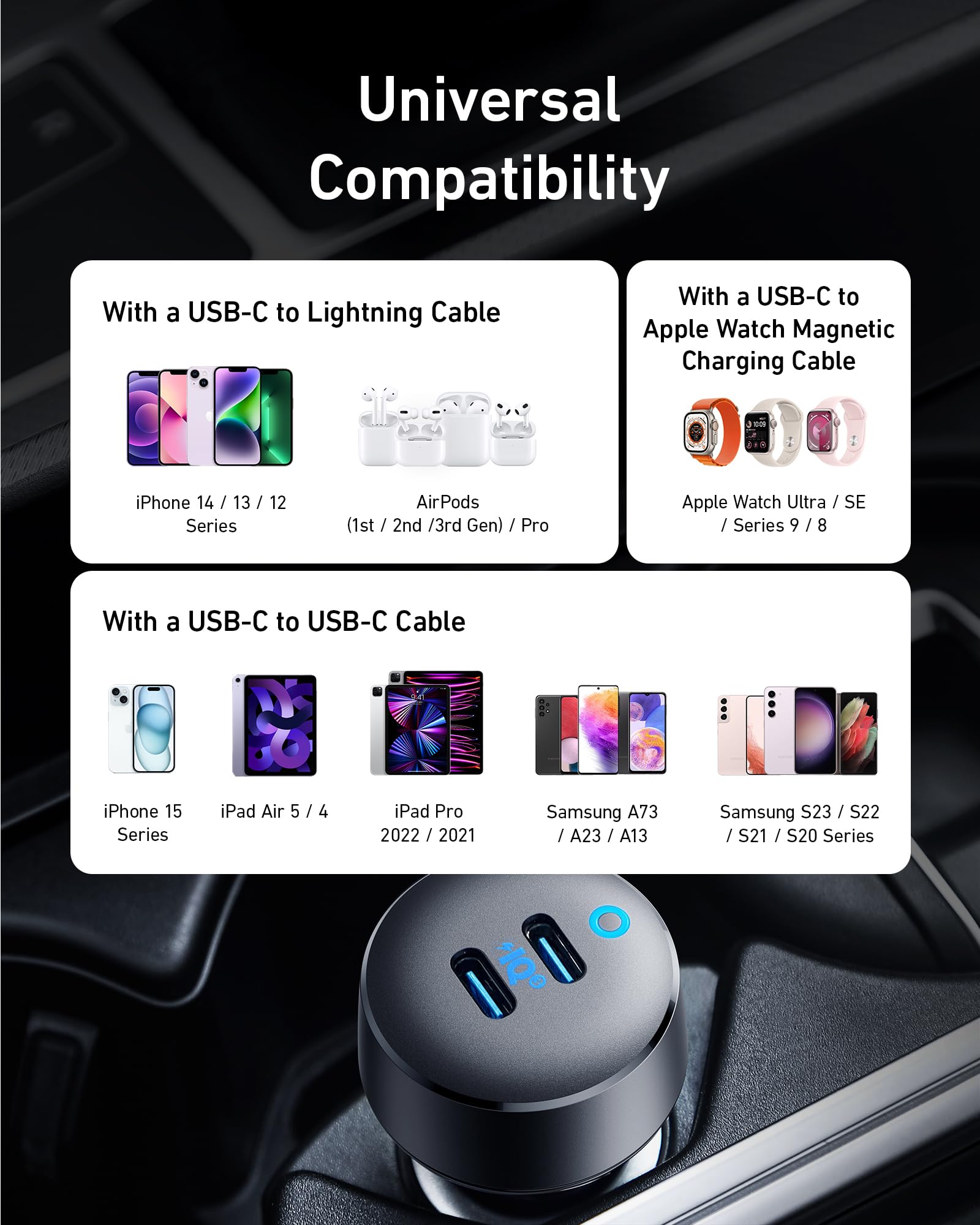 Anker PowerDrive III Duo comparación de tamaño junto a una llave para escala