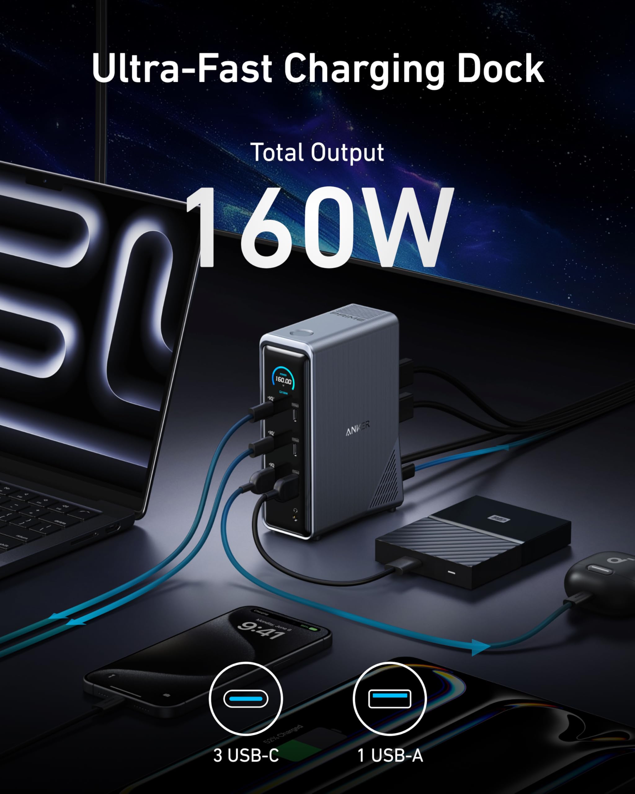 Anker Prime en uso en oficina conectando portátil y periféricos con orden