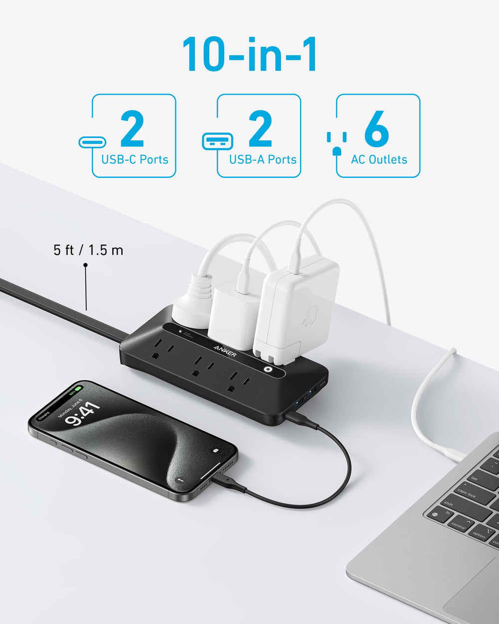 Anker primer plano de puertos USB y AC, carga varios dispositivos a la vez