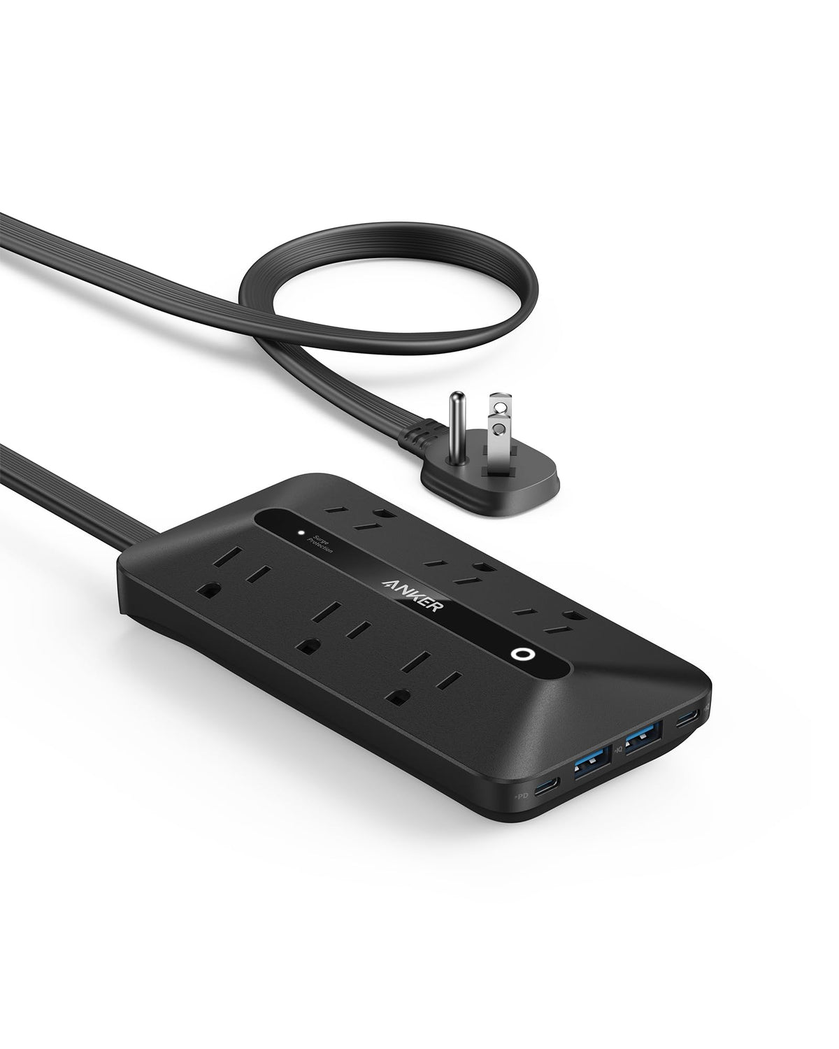 Anker regleta frontal vista completa mostrando 6 AC y 4 USB, organiza tu espacio