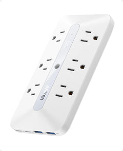Anker regleta frontal mostrando 6 tomas AC y 4 puertos USB, organiza múltiples cargas