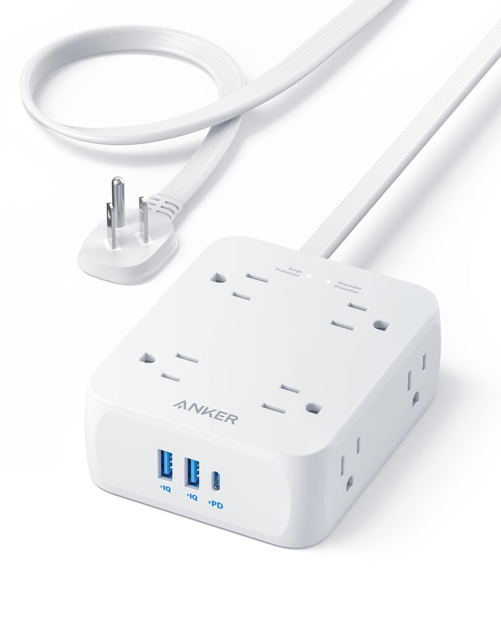 Anker regleta frontal mostrando 8 enchufes y puertos USB, organización eficiente