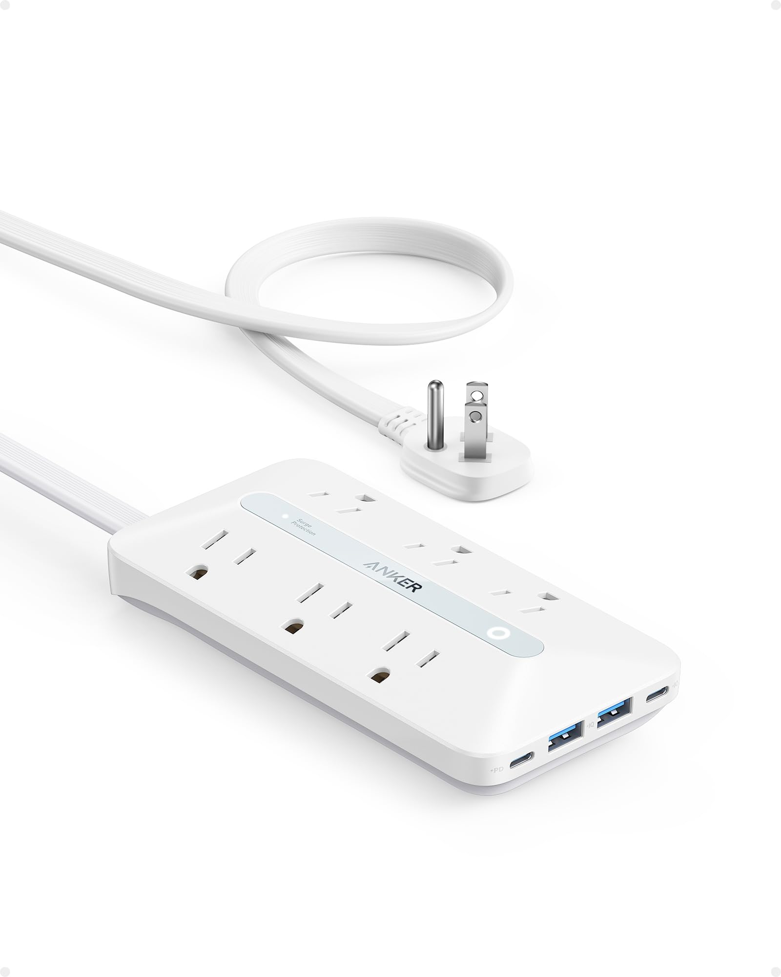 Anker regleta frontal mostrando seis tomas AC y diseño compacto