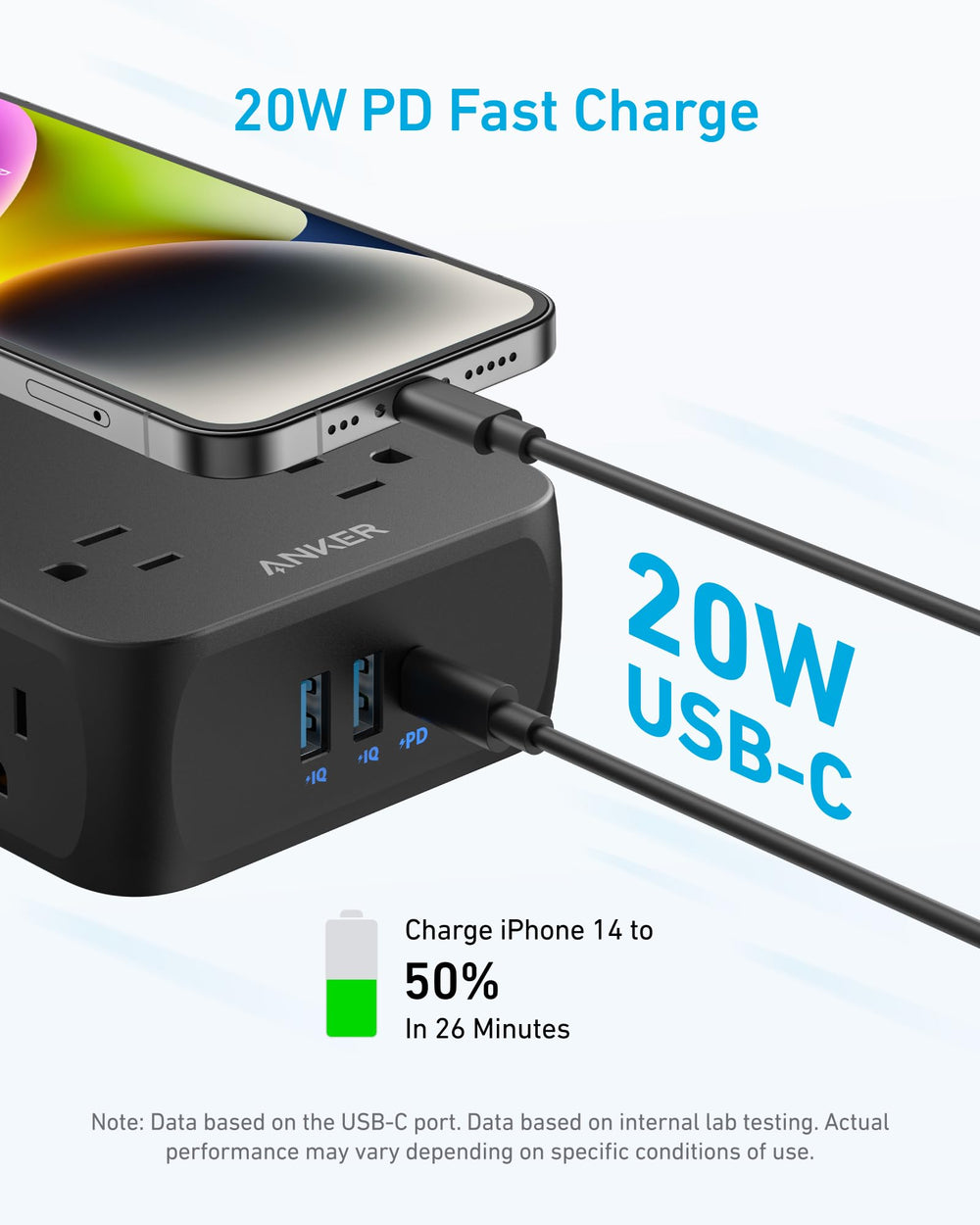 Anker cable de 5ft y clavija 45° en primer plano, conexión discreta y práctica