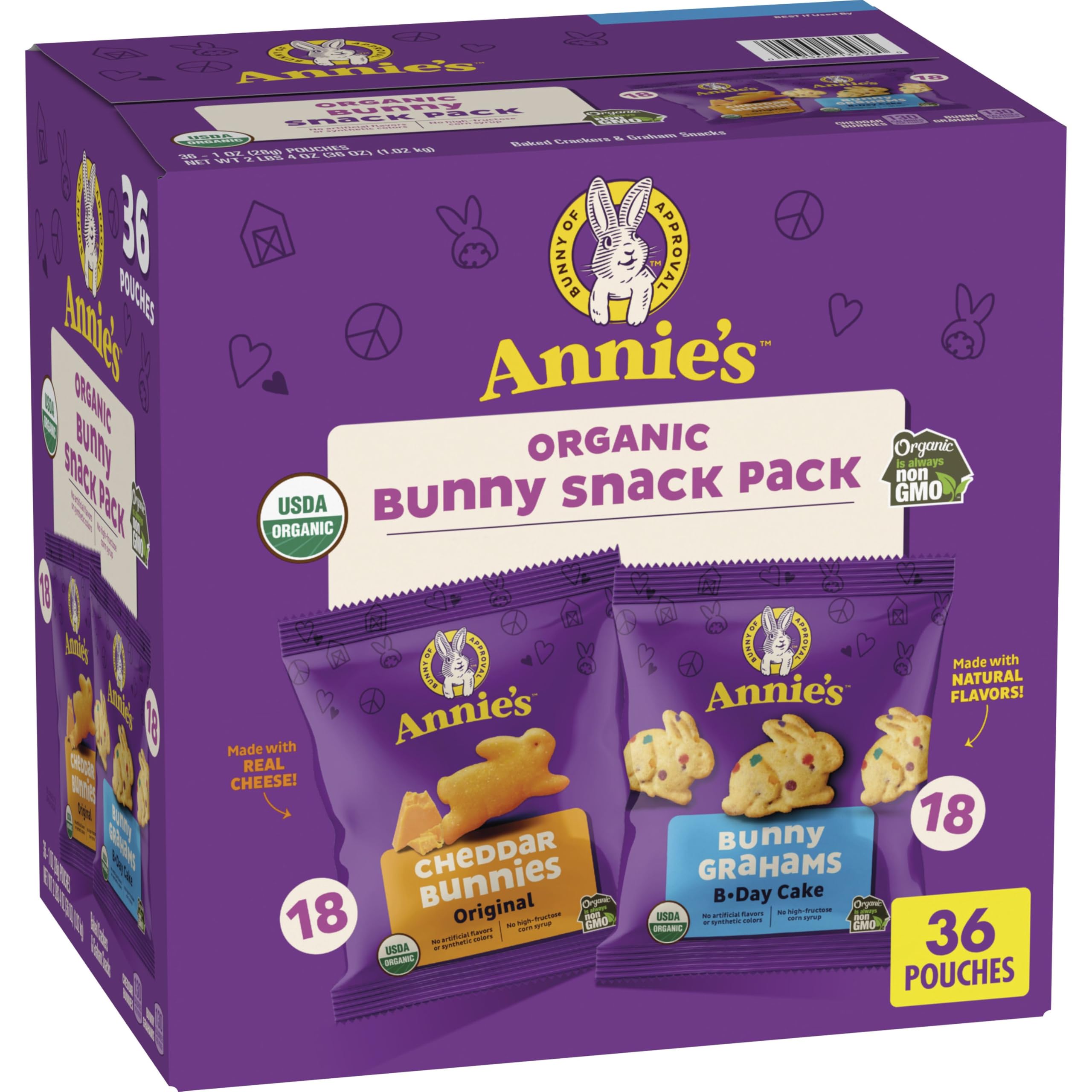 Annie's frente del empaque mostrando mezcla de pouches, fácil de llevar