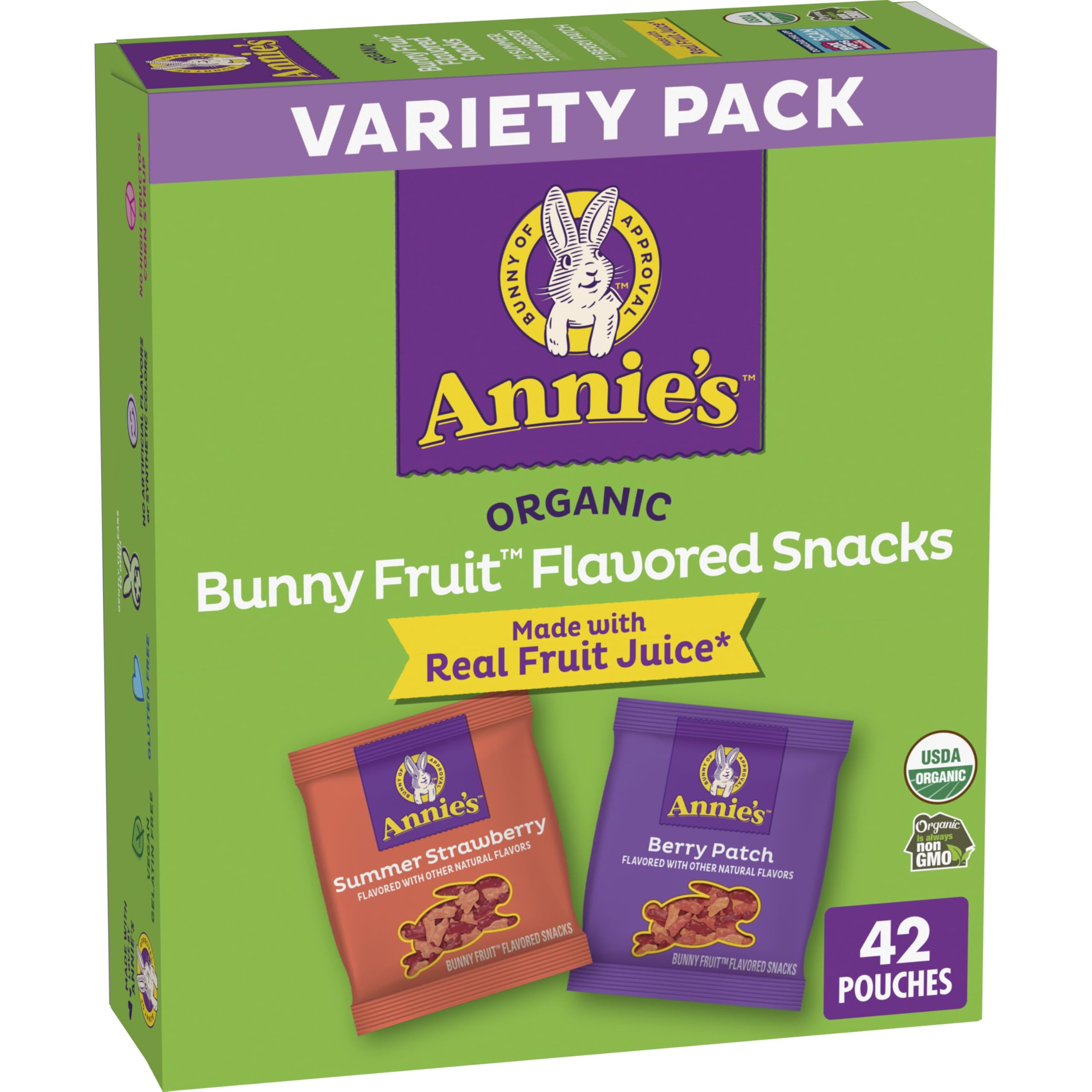 Annie's empaque frontal mostrando bolsitas surtidas, práctico para loncheras