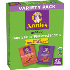 Annie's empaque frontal mostrando bolsitas surtidas, práctico para loncheras