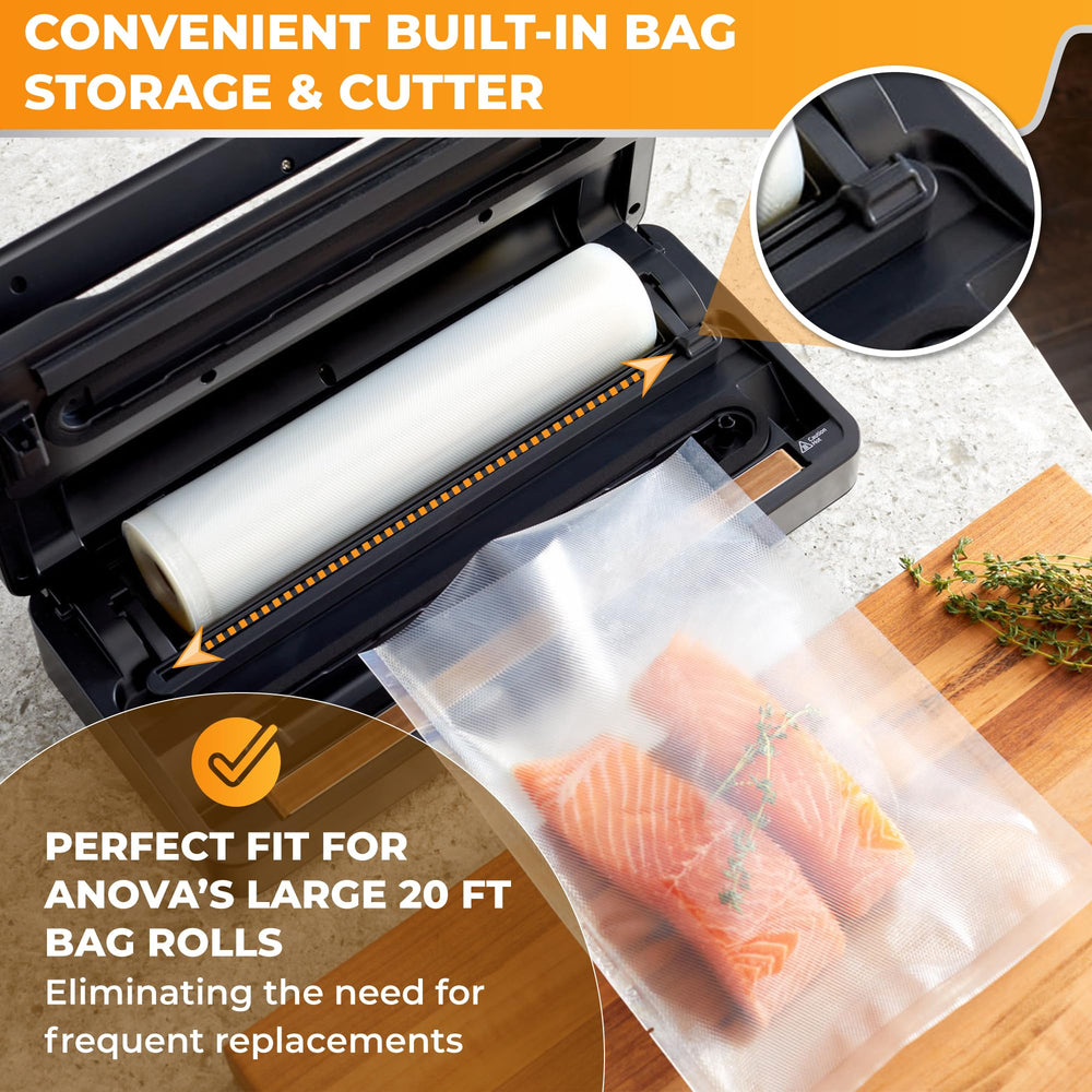 Anova Culinary sealer pro interior with included bag roll and cutter for tidy storage