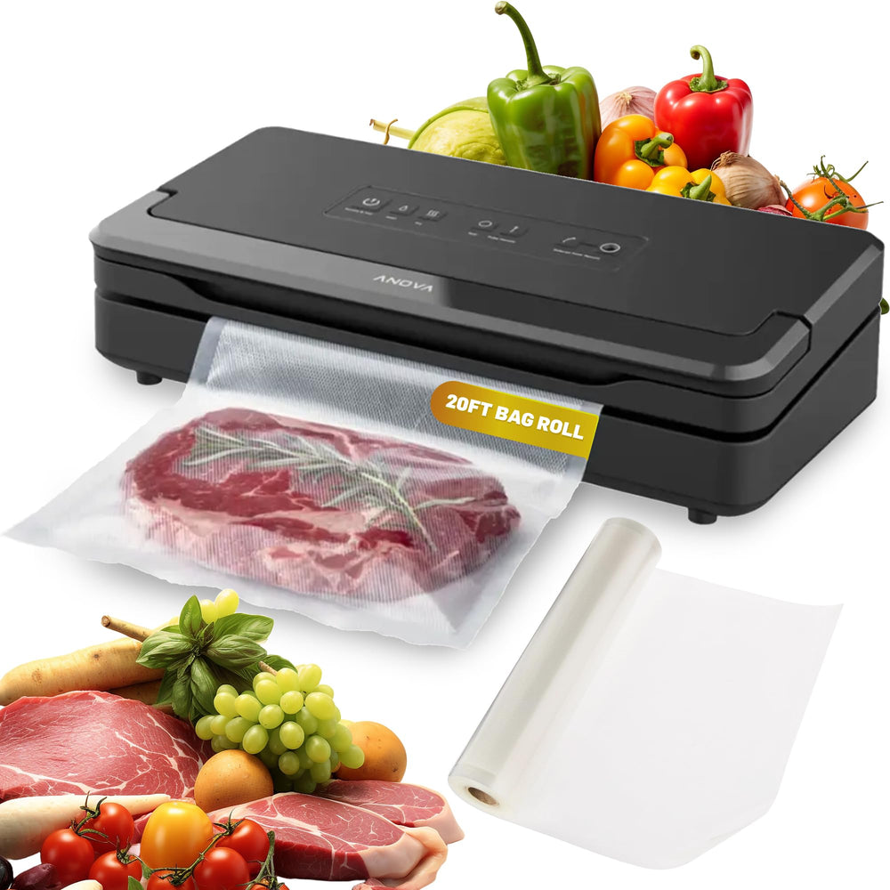 Anova Culinary sealer pro front view showing controls and benefits of quick sealing