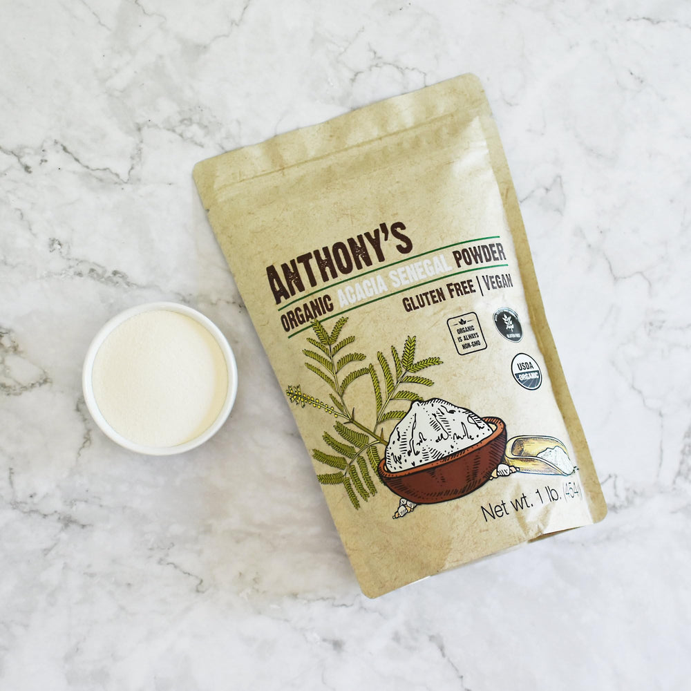 Anthony's acacia senegal junto a ingredientes para recetas, facilita añadir fibra