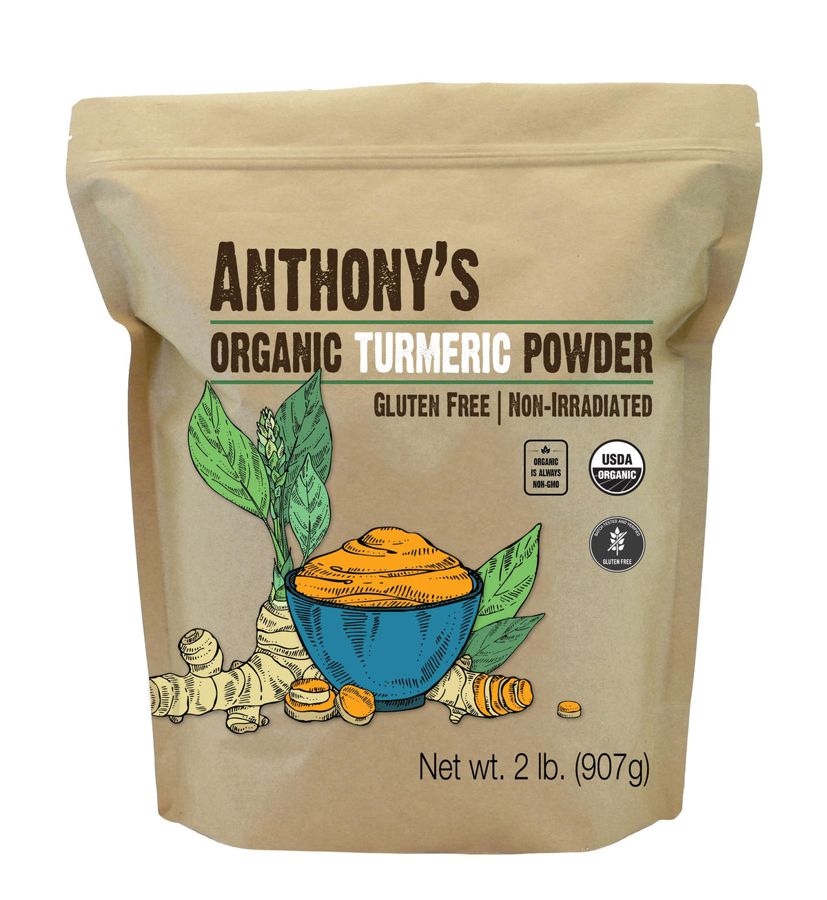 Anthony's paquete frontal mostrando 2 lb y sello USDA Organic, claridad del producto