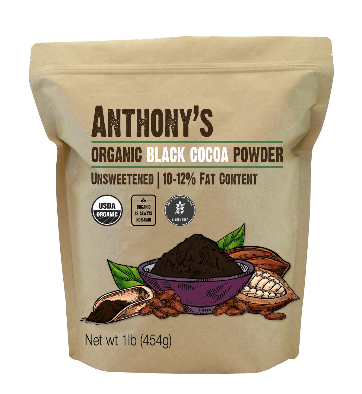 Anthony's empaque frontal del cacao negro orgánico mostrando la bolsa y su tamaño