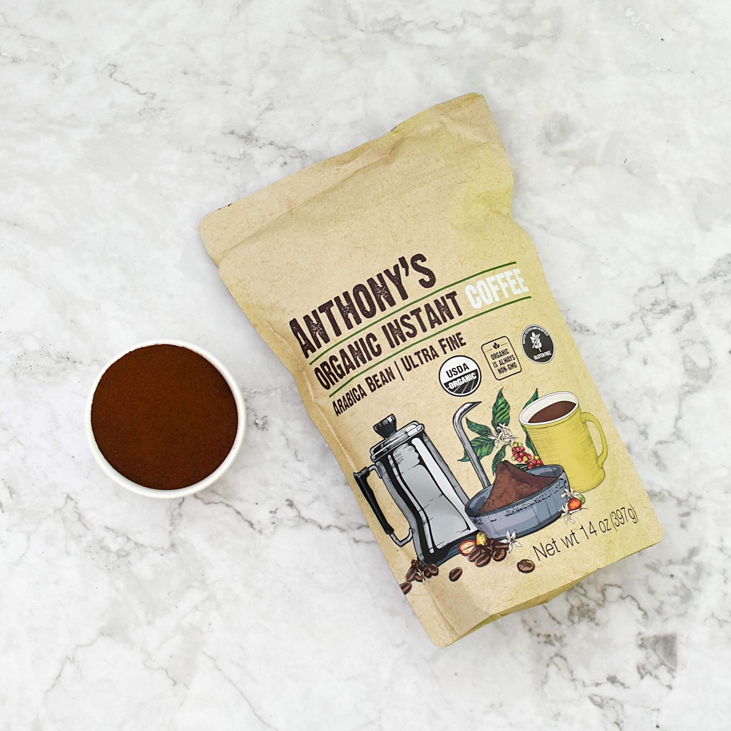 Anthony's etiqueta con sellos USDA Organic y Non-GMO, confianza en calidad