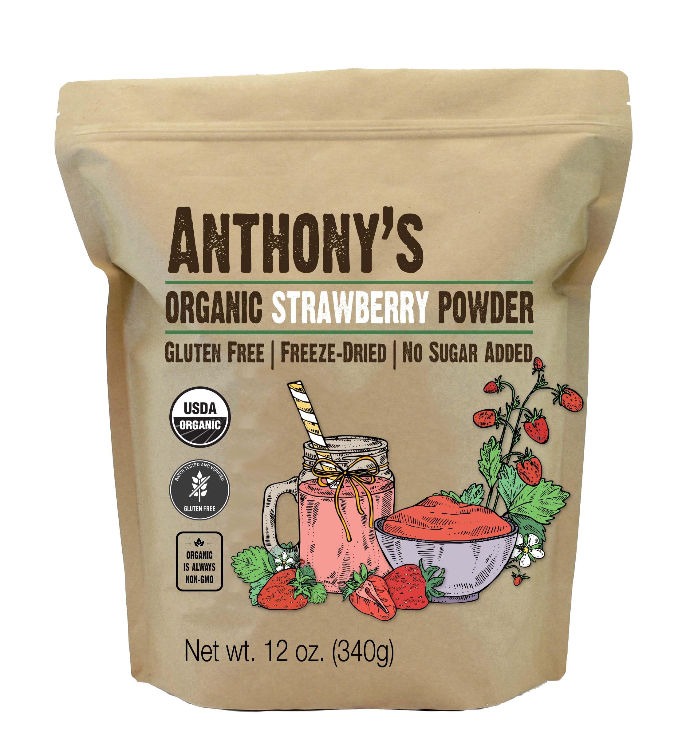 Anthony's paquete frontal mostrando polvo de fresa orgánica y beneficios visuales