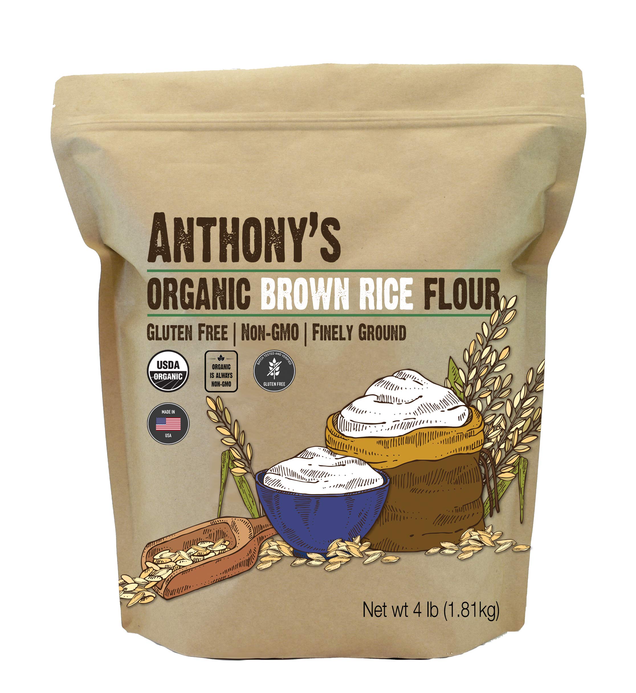 Anthony's paquete frontal de harina integral de arroz orgánica mostrando marca y peso