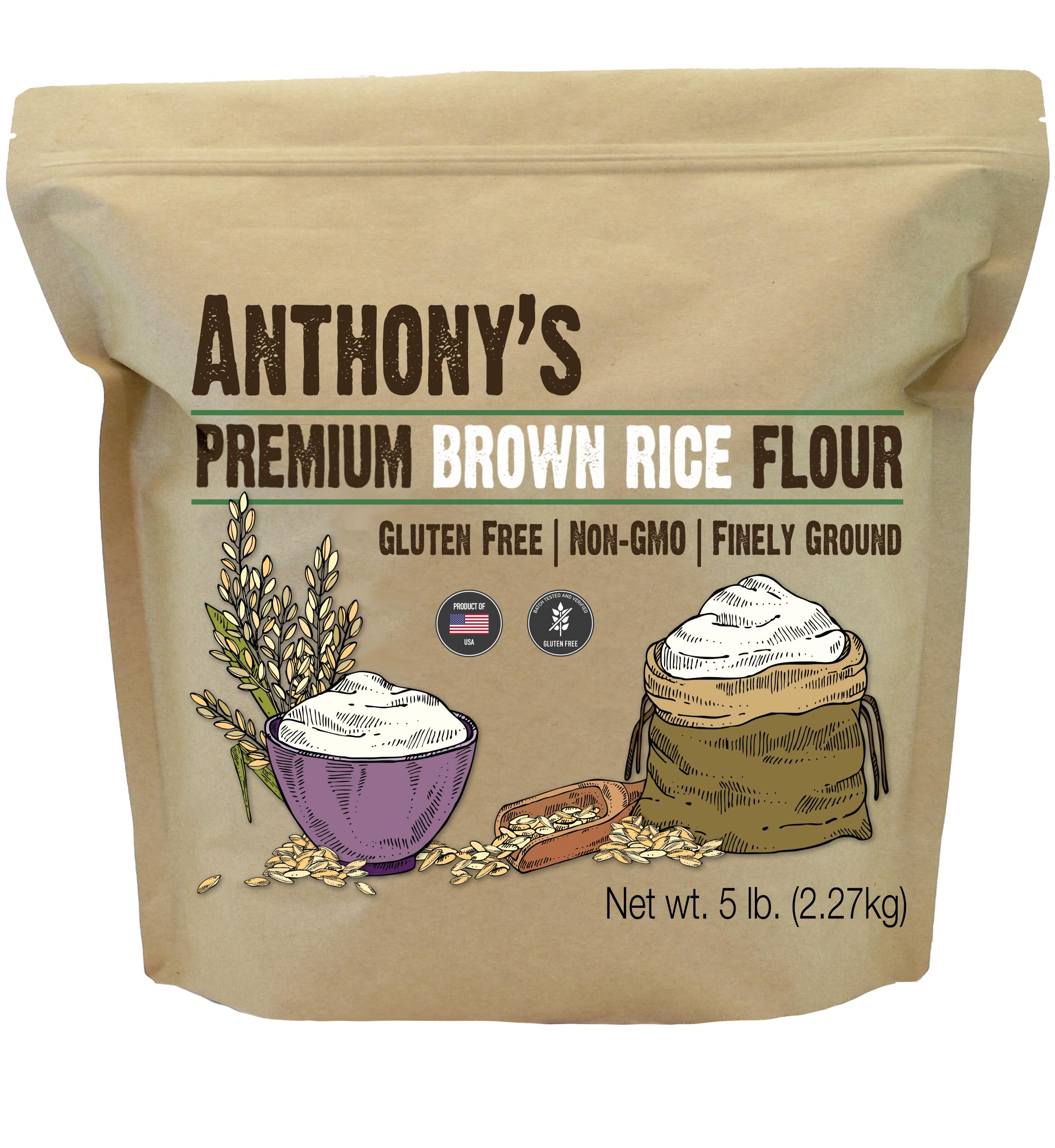 Anthony's bolsa frontal mostrando harina integral de arroz marrón, ideal para hornear