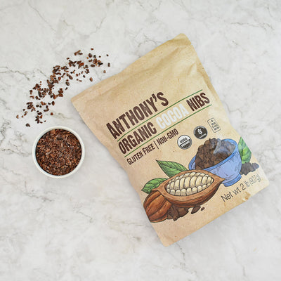 Etiqueta orgánica y datos nutricionales de Anthony's cacao nibs que certifican origen y calidad