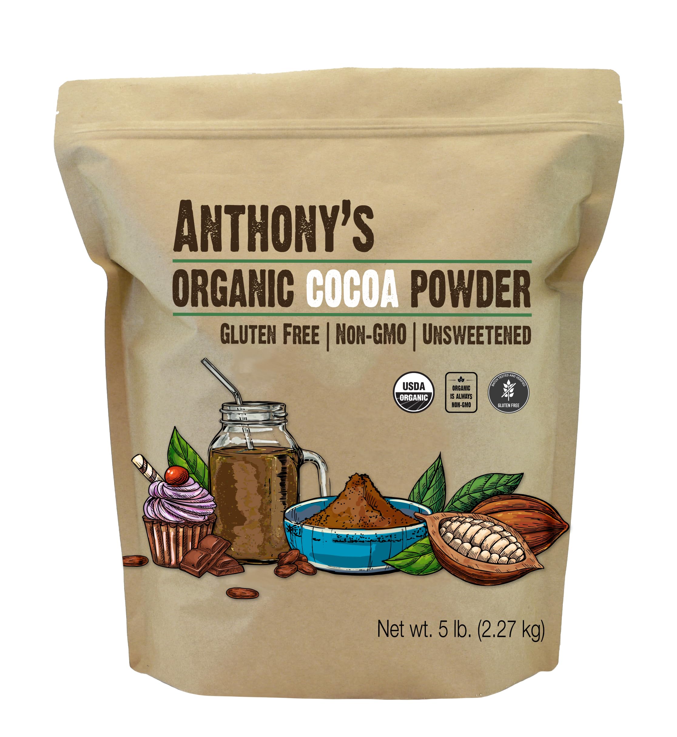 Anthony's front packaging showing 5 lb organic cocoa powder, clear labeling benefit