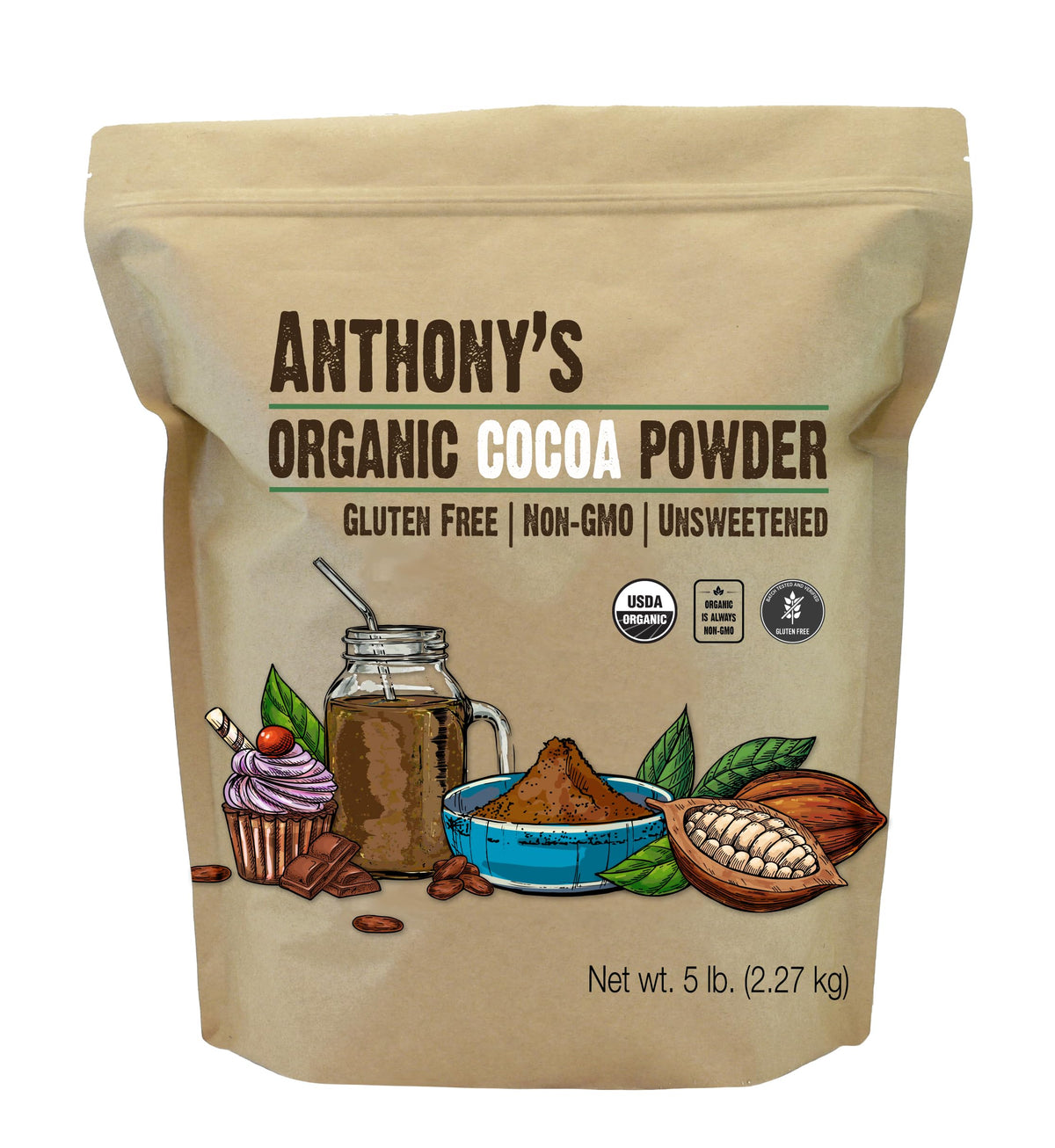Anthony's front packaging showing 5 lb organic cocoa powder, clear labeling benefit