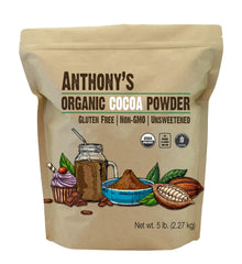 Anthony's front packaging showing 5 lb organic cocoa powder, clear labeling benefit