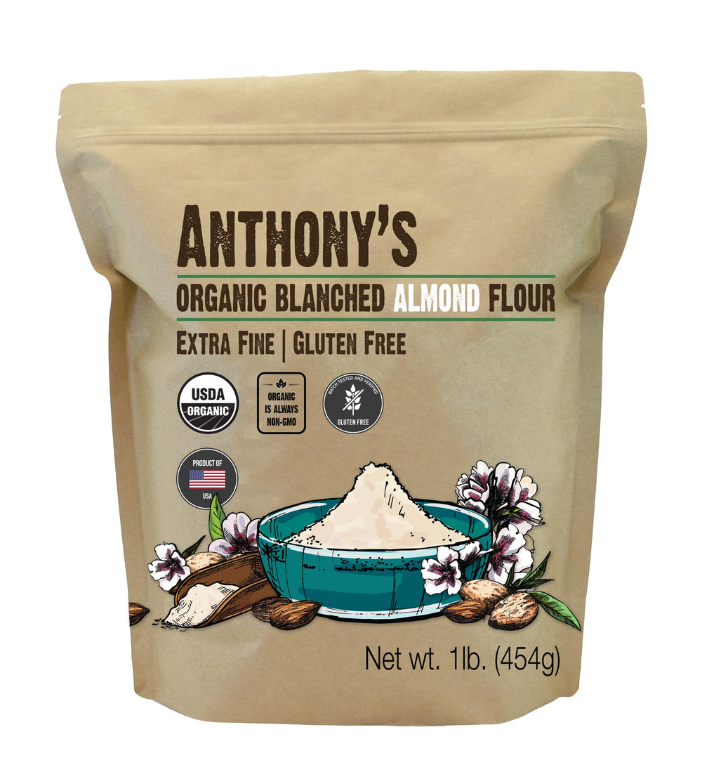 Anthony's paquete frontal mostrando harina de almendra orgánica y beneficios