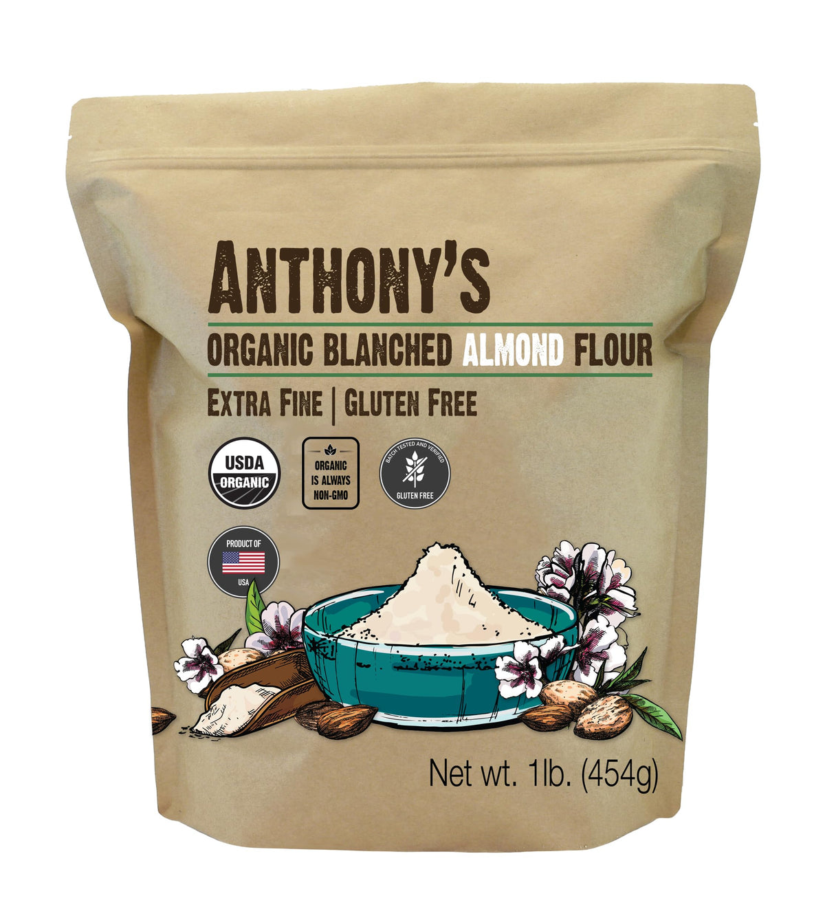 Anthony's paquete frontal mostrando harina de almendra orgánica y beneficios