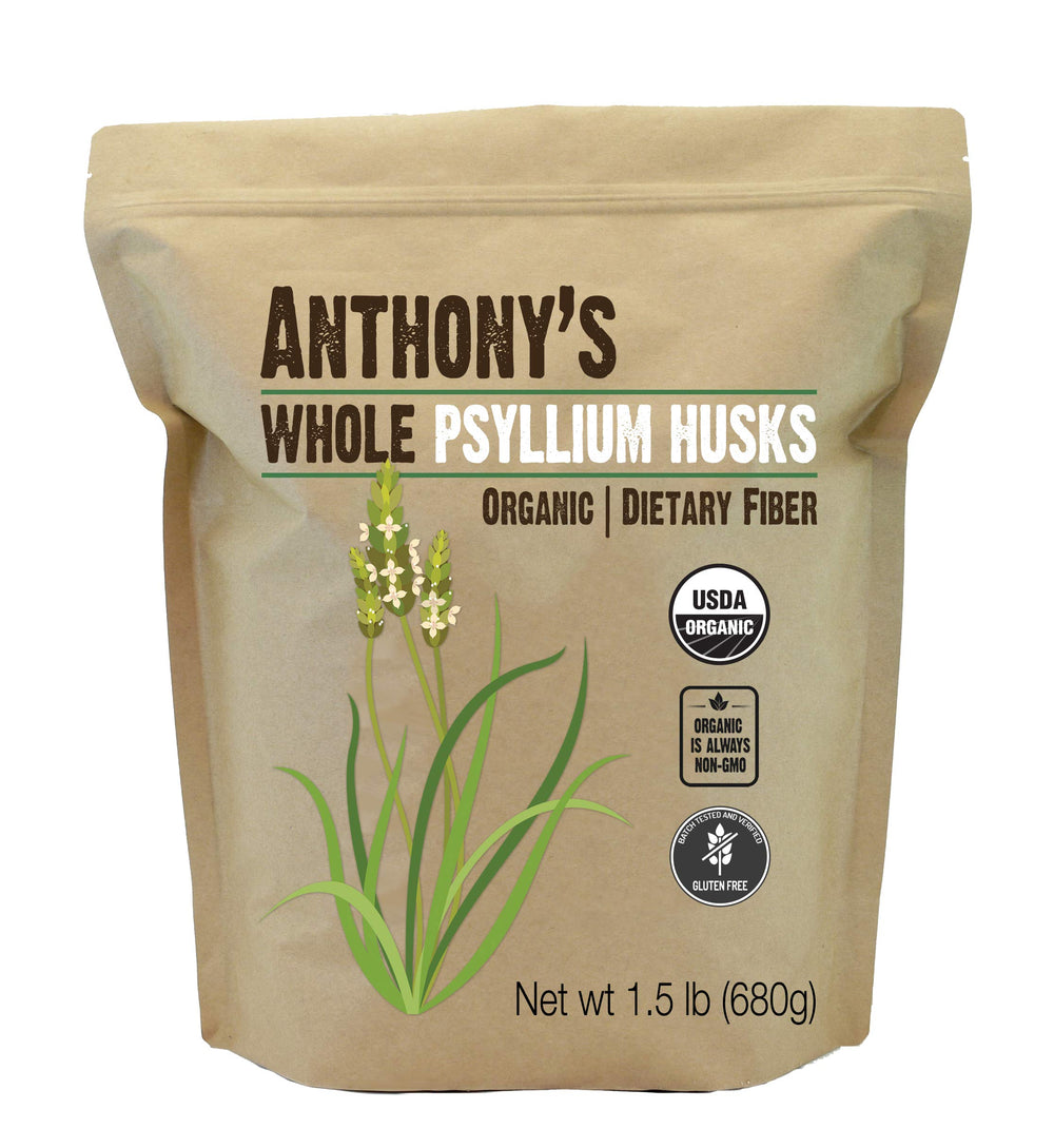Anthony's envase frontal mostrando psyllium husk orgánico, conveniente y puro