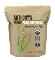 Anthony's envase frontal mostrando psyllium husk orgánico, conveniente y puro