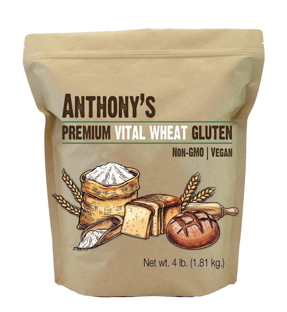 Anthony's paquete frontal mostrando 4 lb y beneficios para panes