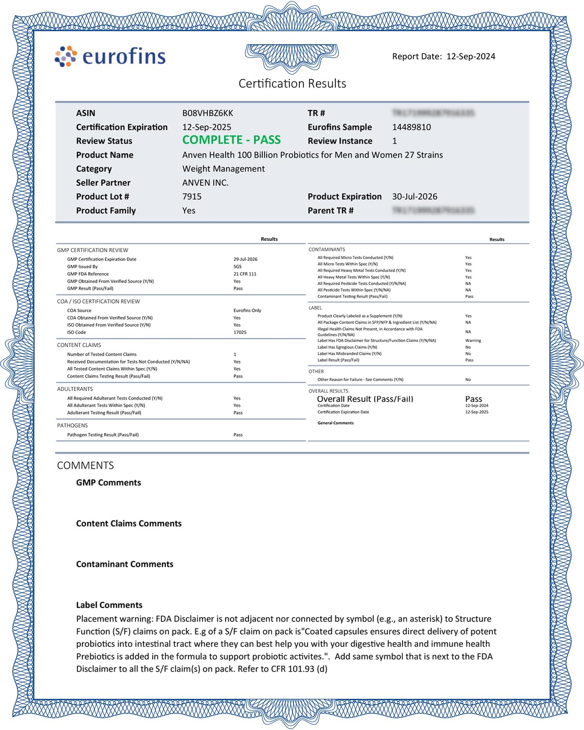 Anven Health nutrition label close-up showing strain and CFU details