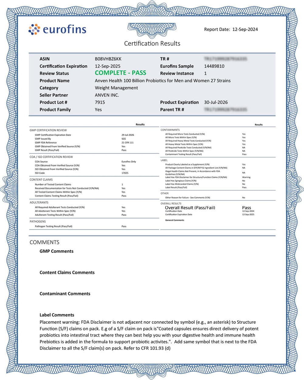 Anven Health nutrition label close-up showing strain and CFU details