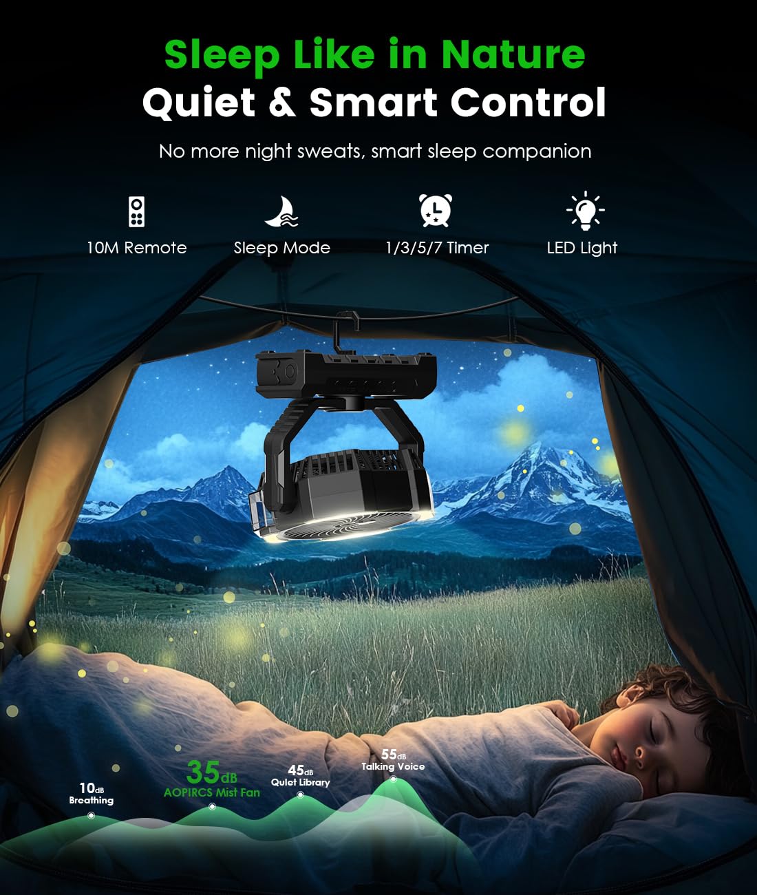 Aopircs fan hanging inside a tent using bottom hook, saving floor space and cooling interior