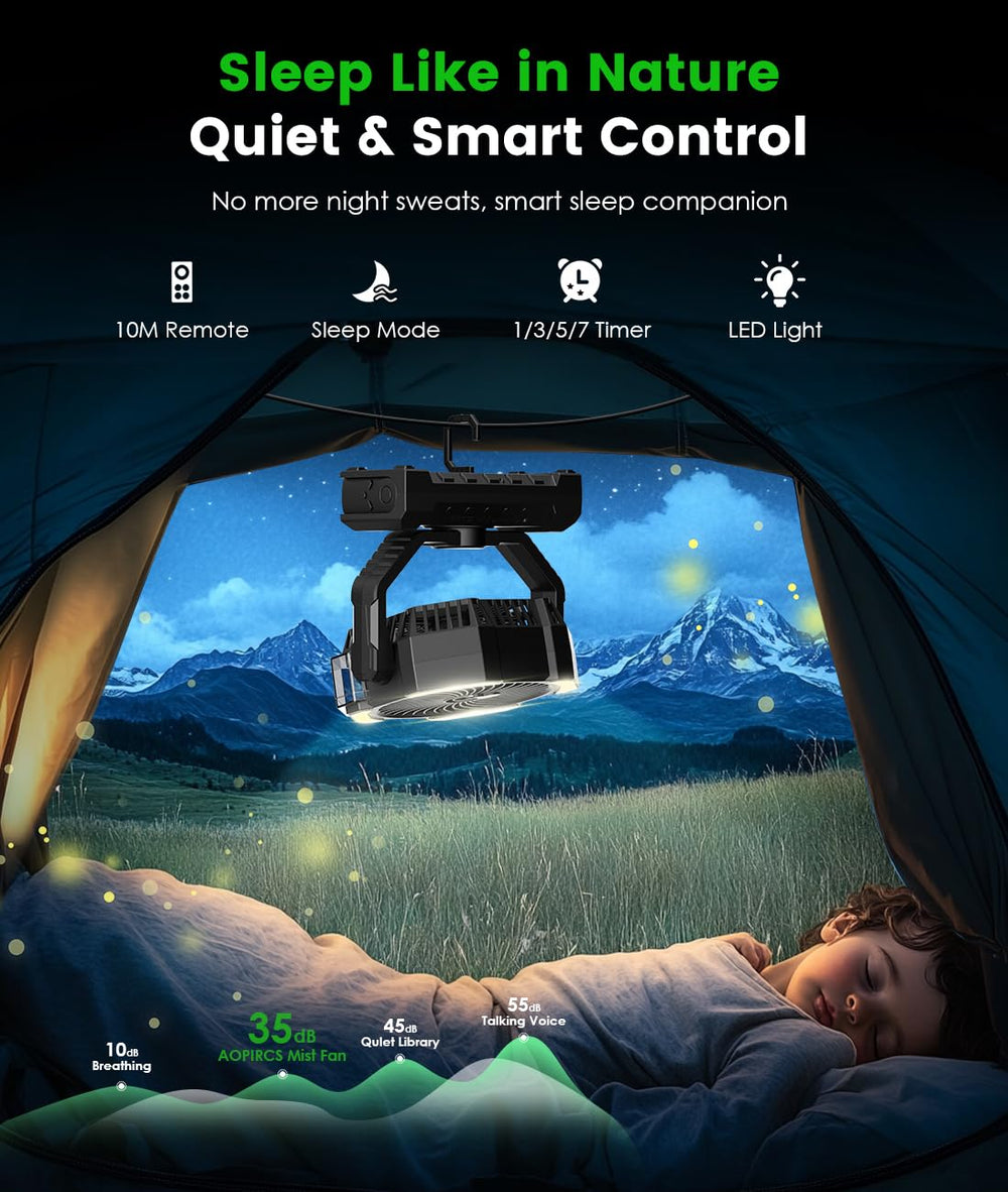 Aopircs fan hanging inside a tent using bottom hook, saving floor space and cooling interior
