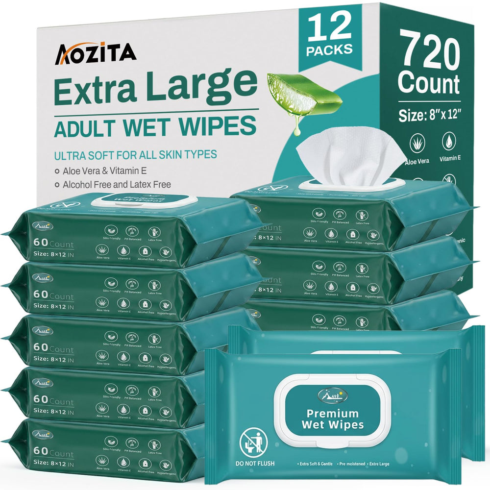 AOZITA paquete frontal mostrando 12 packs de 60 toallitas, ahorro y almacenamiento