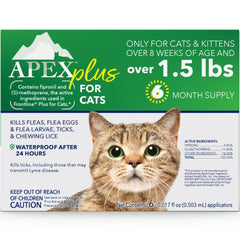 Apex Animal Health frente del empaque mostrando seis dosis y beneficios
