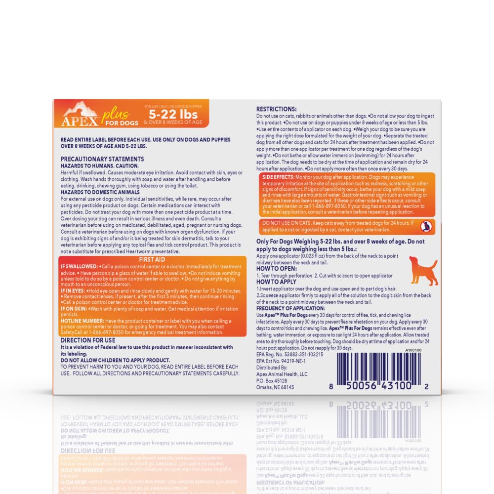 APEX ANIMAL HEALTH etiqueta con instrucciones claras para uso seguro y correcto