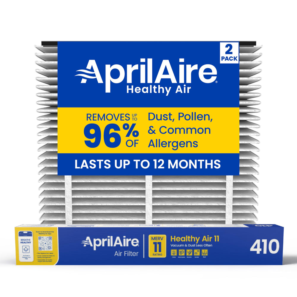AprilAire frente del empaque mostrando filtro auténtico y beneficio de ajuste perfecto