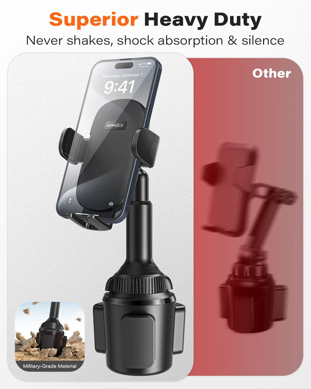APPS2Car deep clamp arms close-up demonstrating anti-shake phone grip