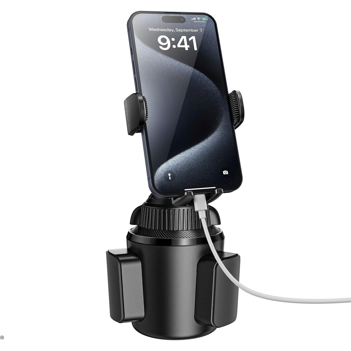 APPS2Car front view of cup phone holder showing stable stance and easy access