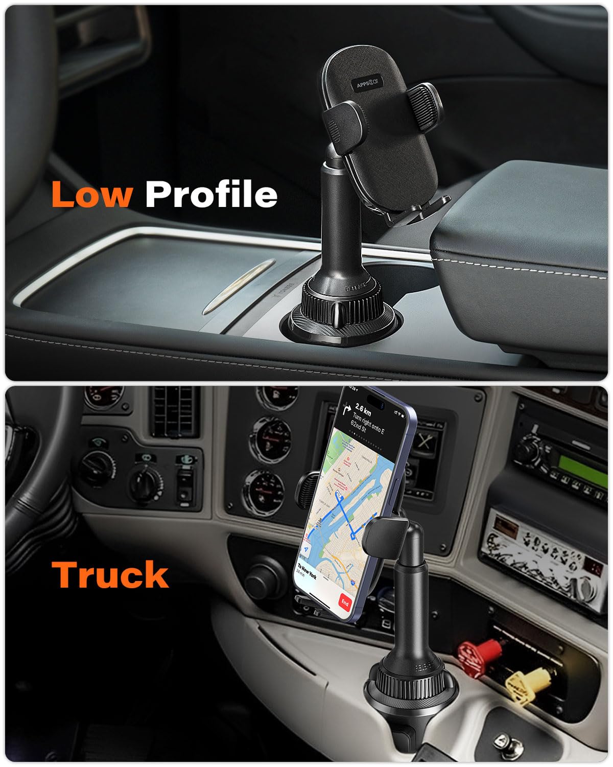 APPS2Car holder with phone in portrait showing safe one-handed use benefit